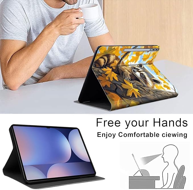 Case for Samsung Galaxy Tab S10 Plus/ S9 FE Plus/ S9 Plus 5G Tablet 12.4'', Slim PU Leather Stand Cover with Auto Wake/Sleep, Multi-Angle Viewing & Shockproof, Raccoon Perched