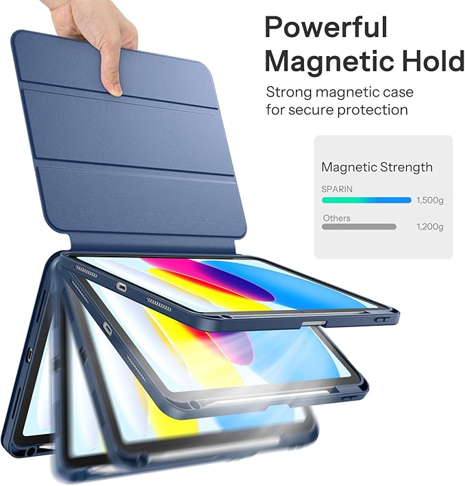 SPARIN Case for iPad A16 11th/10th Generation 2025/2022 (11"/10.9") with Pencil Holder, Magnetic Detachable Hybrid Stand, Portrait/Landscape Angle, Clear Protective Case, Auto Wake/Sleep-Navy Blue