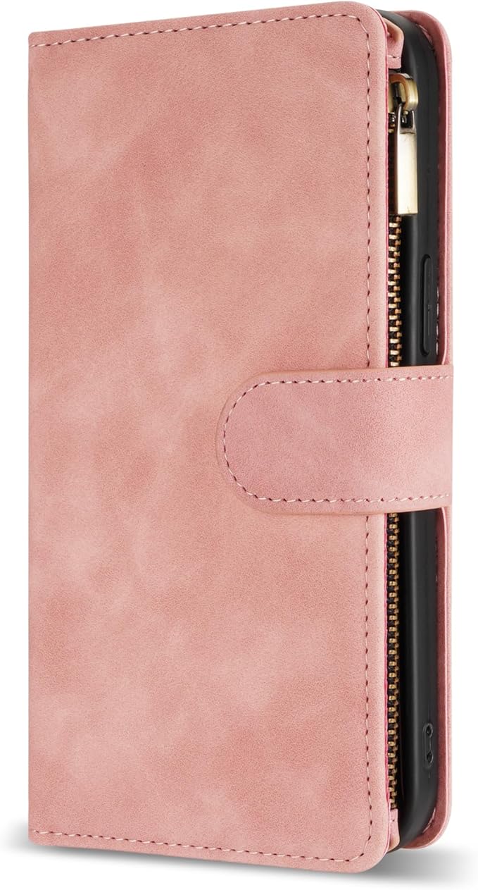 ZZXX for Samsung Galaxy S24 FE Wallet Case with RFID Blocking Card Slot PU Leather Zipper Flip Folio with Strap Kickstand Protective Cover for Samsung Galaxy S24 FE Case Wallet(Pink-6.7 inch)