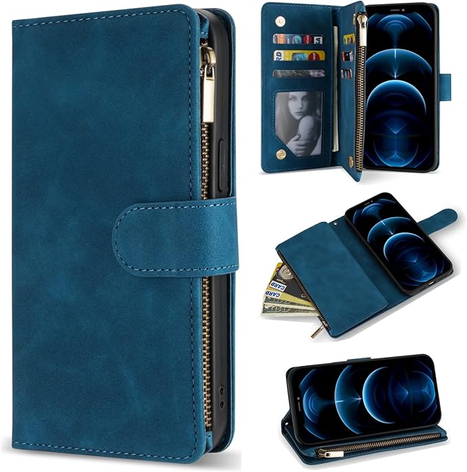 ZZXX for iPhone 12 Pro Max Wallet Case with Card Slot Premium Soft PU Leather Zipper Flip Folio Wallet with Wrist Strap Kickstand Protective for iPhone 12 Pro Max Case Wallet(Blue 6.7 inch)