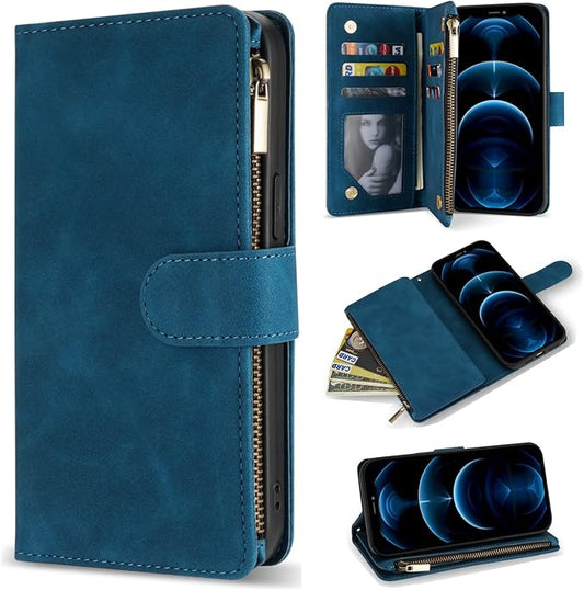 ZZXX for iPhone 12 Pro Max Wallet Case with Card Slot Premium Soft PU Leather Zipper Flip Folio Wallet with Wrist Strap Kickstand Protective for iPhone 12 Pro Max Case Wallet(Blue 6.7 inch)