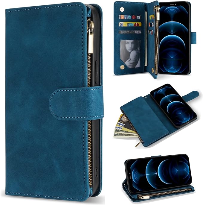 ZZXX for iPhone 12 Case Wallet with Card Slot Premium Soft PU Leather Zipper Flip Folio Wallet with Wrist Strap Kickstand Protective for iPhone 12 (Blue 6.1 inch)
