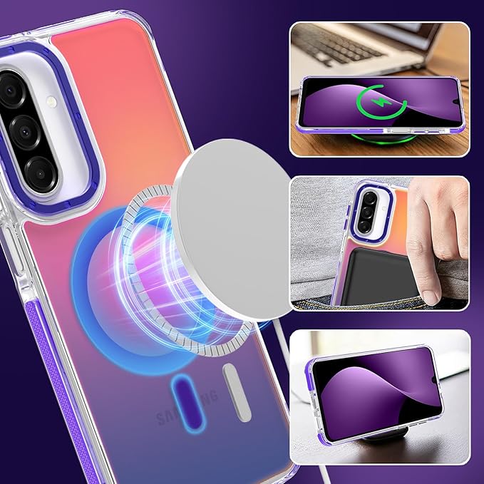 MOWIME Magnetic Case for Samsung Galaxy A17 5G [Compatible with Magsafe] [Cute Fashion Fluorescent Design] [1 Screen Protector] Slim Translucent Matte Case for Galaxy A17 5G 6.7", Purple