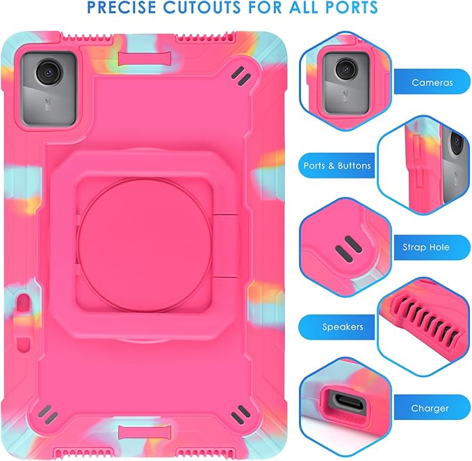 DETUOSI Case Compatible with Lenovo Tab M11/ K11 LTE 11 inch (TB-330FU/330XU), Full-Body Shockproof Protective Case with Shoulder Strap, 360 Rotating Stand Case for Lenovo Tab M11, Camouflage Rose Red