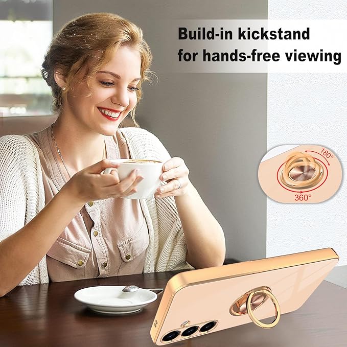 Dinick Pink for Samsung Galaxy S24+ Case with Ring Holder Kickstand [with Magnetic] Soft TPU Bumper, Glitter Gold Electroplated Cover Slim Thin Protective Phone Case for Galaxy S24 Plus