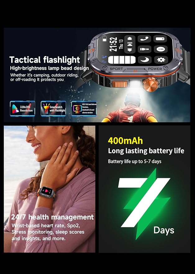 Military Smart Watch for Men (Music Storage), 2.01" Smart Watch for Android and iOS, Fitness Tracker with Flashlight/Connectable TWS Earphones/Health Monitoring/100+ Sports Modes (Orange)