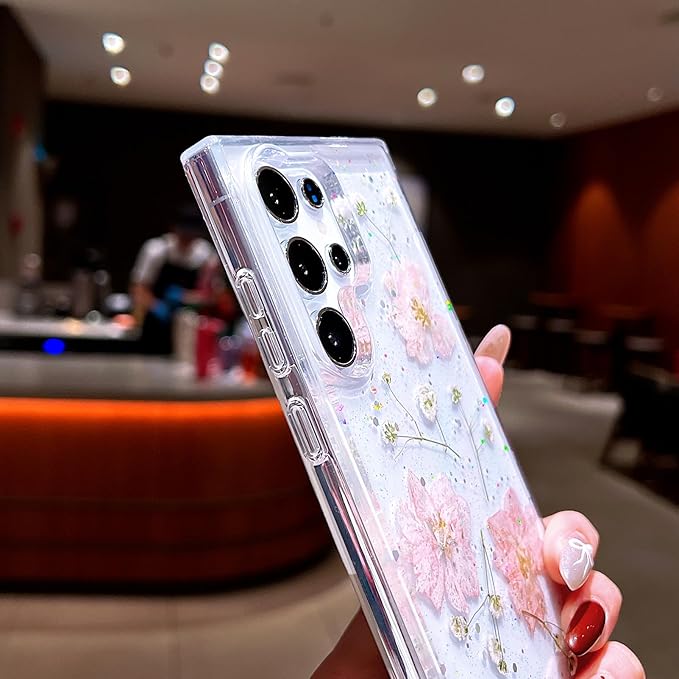 Compatible with Samsung Galaxy S23 Ultra Case Cute Pressed Dried Real Flowers Design Women Girly Shockproof Hard PC+ TPU Bumper Floral Phone Cover for Galaxy S23 Ultra (Light Pink)
