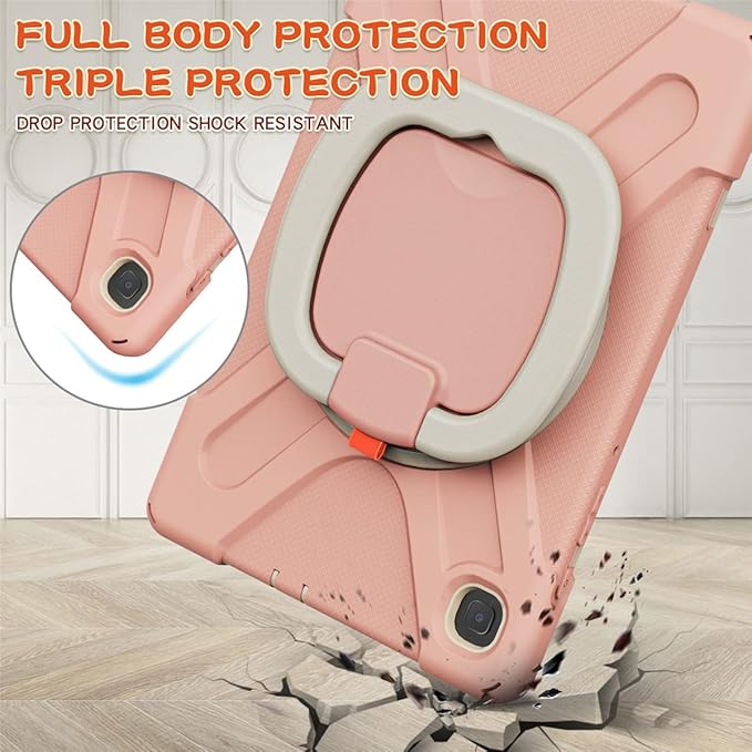 360 Rotation Case for Samsung Galaxy Tab S6 Lite 10.4" Sturdy Cover Rotate Ring Stand Shoulder Carrying Strap Hand Strap Rugged Children Adults Outdoor Case (Pink)