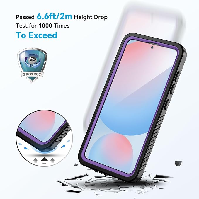 Lanhiem for Samsung Galaxy S24 FE Case, IP68 Waterproof Dustproof Case, Built-in Screen Protector, Heavy Duty Shockproof Full Body Protective Phone Cover for Galaxy S24FE 5G 6.7 Inch, Purple/Clear