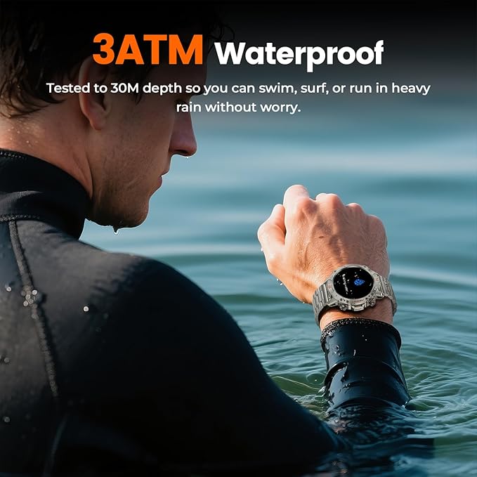 WalkerFit Military Rugged Smart Watch for Men 1.43" AMOLED Smartwatch, Always-on, 3ATM Waterproof for Swim,Accurate HR Sleep Monitor,Bluetooth Call Fitness Watch for iPhone Andriod Compatible, Silver