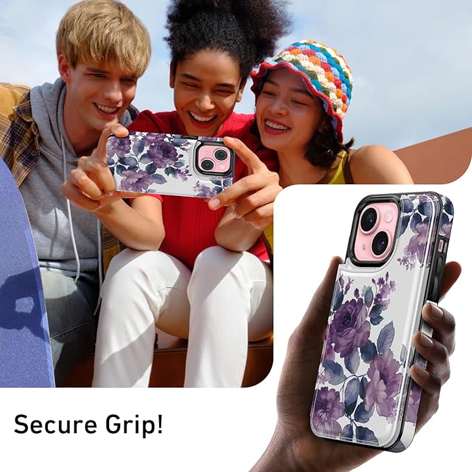 FUNMIKO for iPhone 15 Plus Wallet Case with Card Holder, RFID-Blocking, Military-Grade Protection & UV-Printed Artwork, Magnetic Closure with Leather Kickstand - Elegant Purple Floral