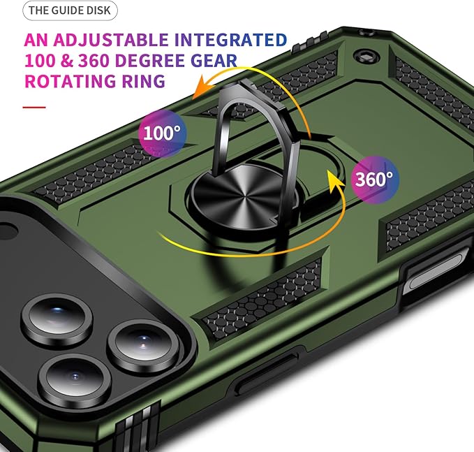 ADDIT Compatible with iPhone 17 Pro Case with Tempered Glass Screen Protector, Adjustable Kickstand Ring, Military-Grade Heavy Duty Protection, Shockproof, Anti-Fingerprint,ArmyGreen
