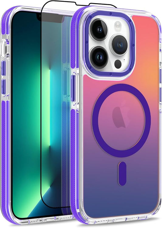 MOWIME Magnetic Case for iPhone 13 Pro [Compatible with Magsafe] [Cute Fashion Fluorescent Design] [1 Screen Protector] Slim Translucent Matte Case for iPhone 13 Pro 6.1" 2021, Purple