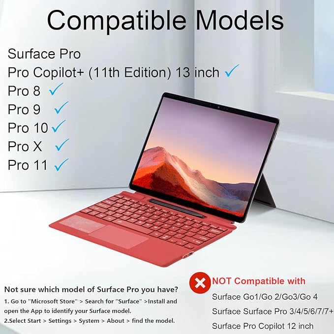 mobee Type Cover for Microsoft Surface Pro 13 inch, Compatible with Surface Pro 13"(11th Edition) / Pro 11 / Pro 10 / Pro 9 / Pro 8 / Pro X, Slim Keyboard with Trackpad Mouse, Backlit, & Pen Holder