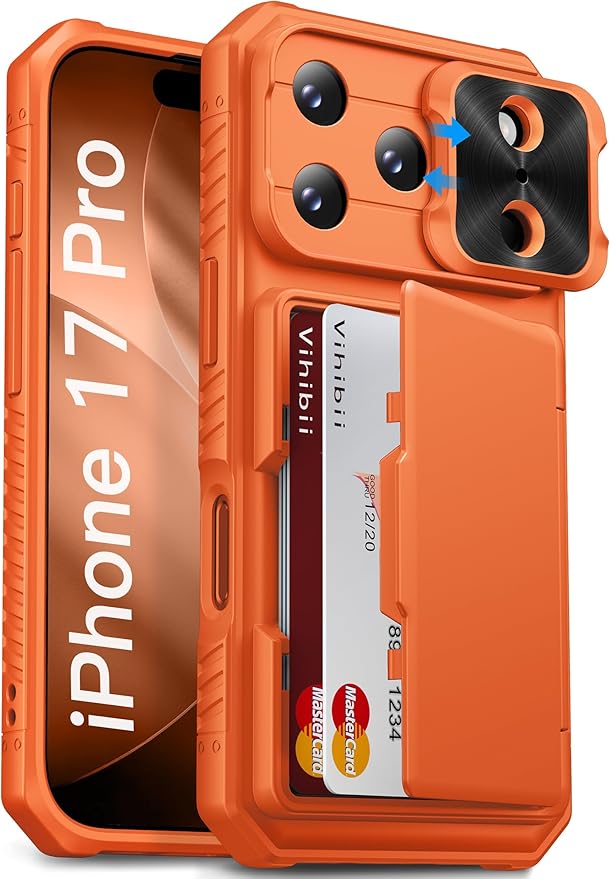 Vihibii for iPhone 17 Pro Case Wallet with Card Holder (4 Cards) [RFID Blocking] & Slide Camera Cover, Military Grade Drop Protection, Rugged Hard Back & Silicone Edge Phone Case 6.3" 5G 2025, Orange
