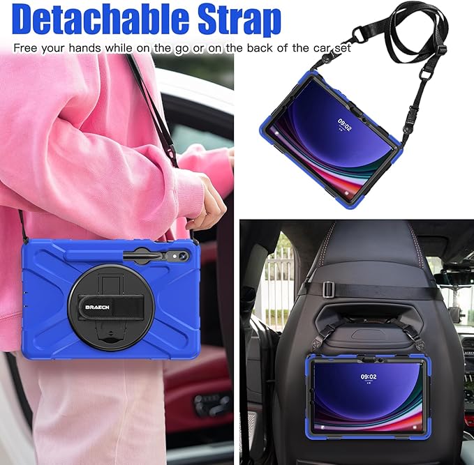 BRAECNstock for Samsung Galaxy Tab S10 Lite/ S10 FE/ S9 FE/ S9/ S8/ S7 5G Case 10.9"/ 11", Shockproof Protective Kids Case with Pencil Holder, Rotating Hand Strap & Stand, Shoulder Strap, Blue