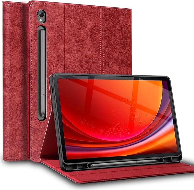 for Samsung Galaxy Tab S9 11inch and S9/S10 FE 10.9inch Case with S Pen Holder 2023/2025(X710/X716/X718/X510/X516/X518/X520/X526) Genuine Leather Cover Protective Shell,Auto Wake/Sleep.Red
