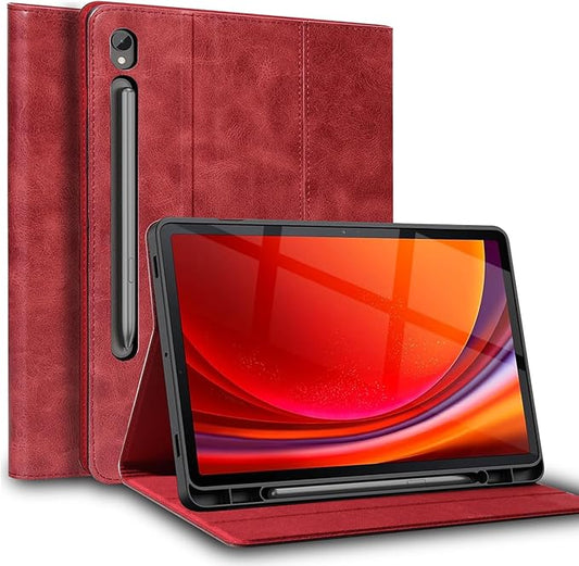 for Samsung Galaxy Tab S9 11inch and S9/S10 FE 10.9inch Case with S Pen Holder 2023/2025(X710/X716/X718/X510/X516/X518/X520/X526) Genuine Leather Cover Protective Shell,Auto Wake/Sleep.Red