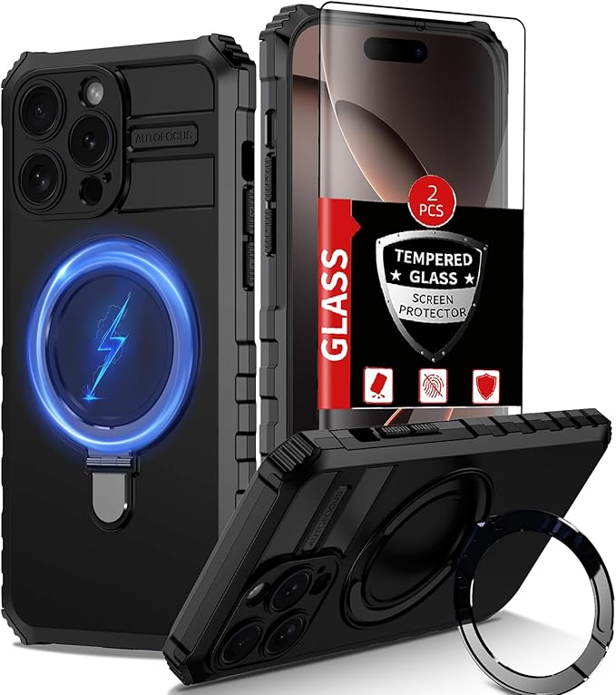 for iPhone 16 Pro Max Case Magnetic Compatible with MagSafe Wireless Charging,with 2 Screen Protectors,with Kickstand Shockproof Shock-Absorbent Heavy Duty Protection Scratch Resistant Black