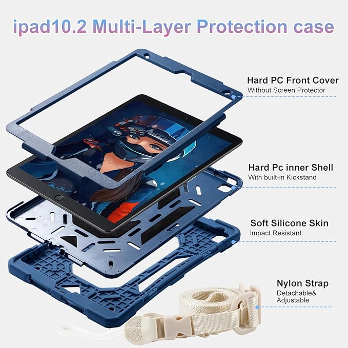 for iPad 9th/ 8th/ 7th Generation Case (iPad 10.2 inch Shockproof Case) with 360 Rotating Grip Magic Stand, Pencil Holder/Keychain/Carrying Shoulder Strap for iPad 10.2 inch (Navy Blue)