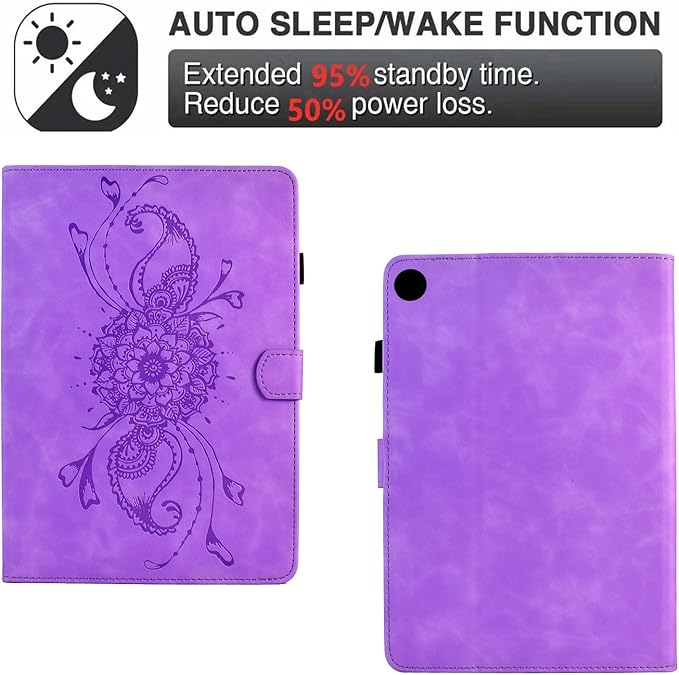 Mandala Flower Case Compatible with Galaxy Tab A9+ Plus 11 Inch 2024 2023 (SM-X210/X216/X218), Cute Elegant Embossed Suede Leather Folio Stand Case Protective Cover with Auto Wake/Sleep, Purple