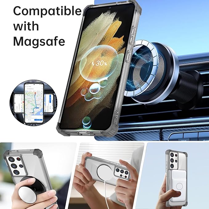 for Samsung Galaxy S21 Ultra Case Magnetic Compatible with MagSafe Wireless Charging,for S21 Ultra Case Built-in Kickstand Ring,with Screen Protector Military Grade Protection Shockproof Black