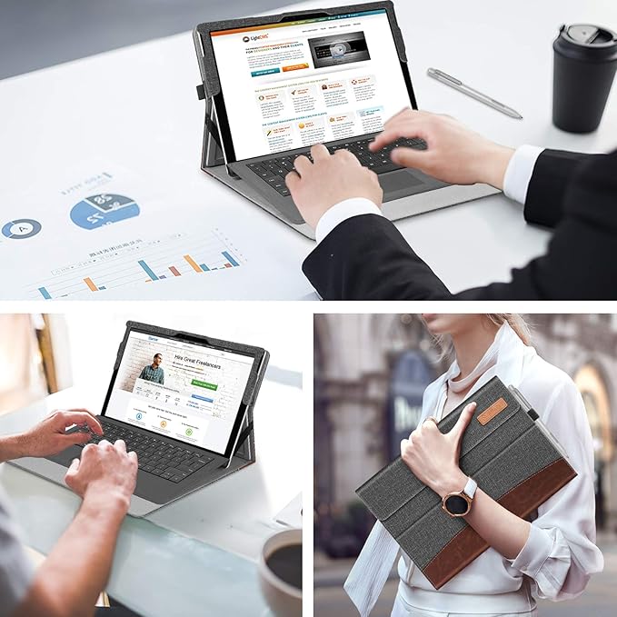 Fintie Case for 12.3 Inch Microsoft Surface Pro 7 Plus, Surface Pro 7/6/5/4/3 - Portfolio Business Cover with Pocket, Compatible with Type Cover Keyboard, Gray/Brown