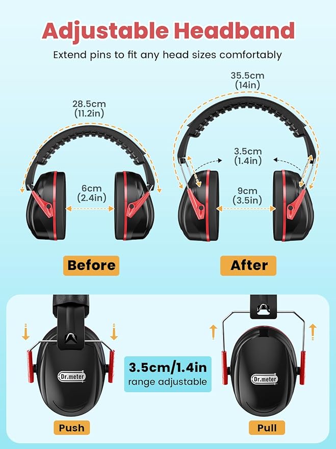 Dr.meter Ear Protection Ear Muffs, 31dB Noise Reduction Safety Earmuffs with Adjustable Headband for Adults Kids Autism Sensory Hearing Protection, Earmuff for Range Mowing, Hunting, Monster Jam