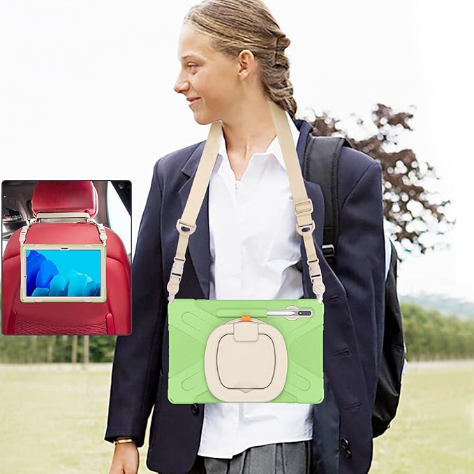 360 Rotation Portable Case for Galaxy Tab S8+/S7 FE/S7+ 12.4 Inch Case with S Pen Holder Rugged Case Rotating Stand Hand Strap Shoulder Carrying Strap Outdoor Cover (LightGreen)