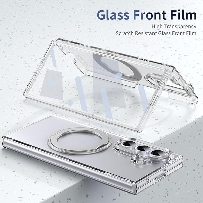 for Samsung Galaxy Z Fold 7 Case with Magnetic Ring Holder, 360 Rotating Bracket, Built-in Front Screen Len Protector, Anti-Yellowing & Anti-Fingerprint Crystal Clear Case.(Silver)