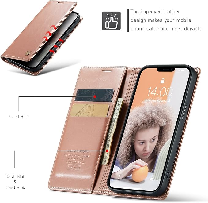 QLTYPRI Case for iPhone 14, Vintage PU Leather Wallet Case Card Slot Kickstand Magnetic Closure Shockproof Flip Folio Book Case Cover for iPhone 14(6.1 inch) - Rose Gold