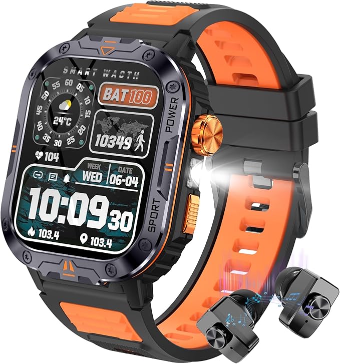 Military Smart Watch for Men (Music Storage), 2.01" Smart Watch for Android and iOS, Fitness Tracker with Flashlight/Connectable TWS Earphones/Health Monitoring/100+ Sports Modes (Orange)