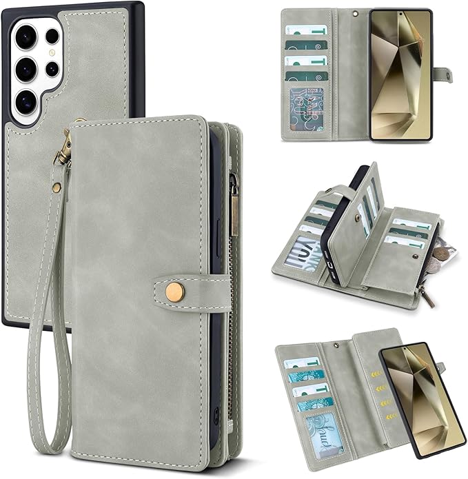 TwoHead for Samsung Galaxy S24 Ultra Wallet Case with Card Holder & Detachable Magnetic Phone Case for Galaxy S24 Ultra,PU Leather Shockproof Protective Phone Cover Wallet(6.8 in,Gray)