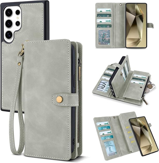 TwoHead for Samsung Galaxy S24 Ultra Wallet Case with Card Holder & Detachable Magnetic Phone Case for Galaxy S24 Ultra,PU Leather Shockproof Protective Phone Cover Wallet(6.8 in,Gray)