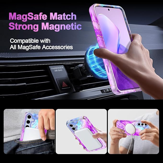 Casetego for Galaxy S24 FE Case,Compatible with MagSafe,[Military Grade Drop Test] Full Body Protection Slim Shockproof Rugged Marble Women Case for Samsung Galaxy S24 FE 6.7 inch,Bright Purple