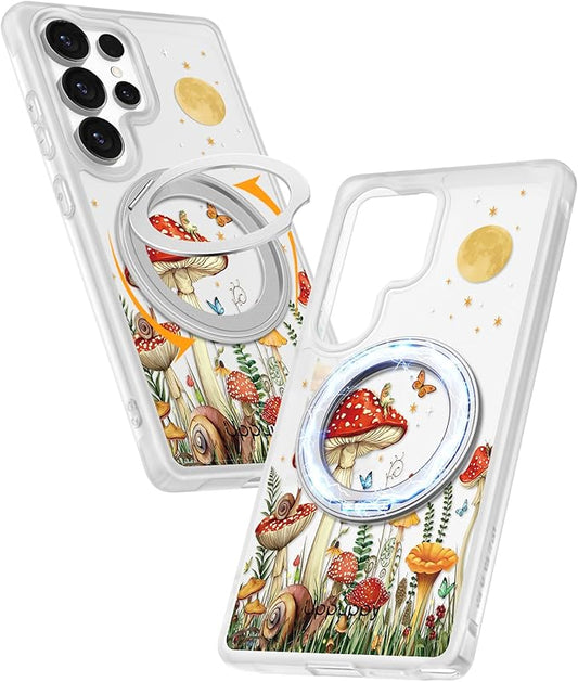 for Samsung Galaxy S25 Ultra Case with 360° Rotatable Magnetic Ring - Compatible with MagSafe, Semi-Transparent Soft-Touch Material Shockproof, Cute Mushroom & Butterfly Design for Women Girl