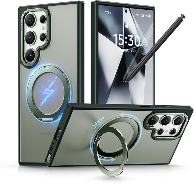 QTlier Phone case for Galaxy S24 Ultra- 360 Rotatable Magnetic Ring Stand, Military-Grade Protection, Raised Camera Frame Green