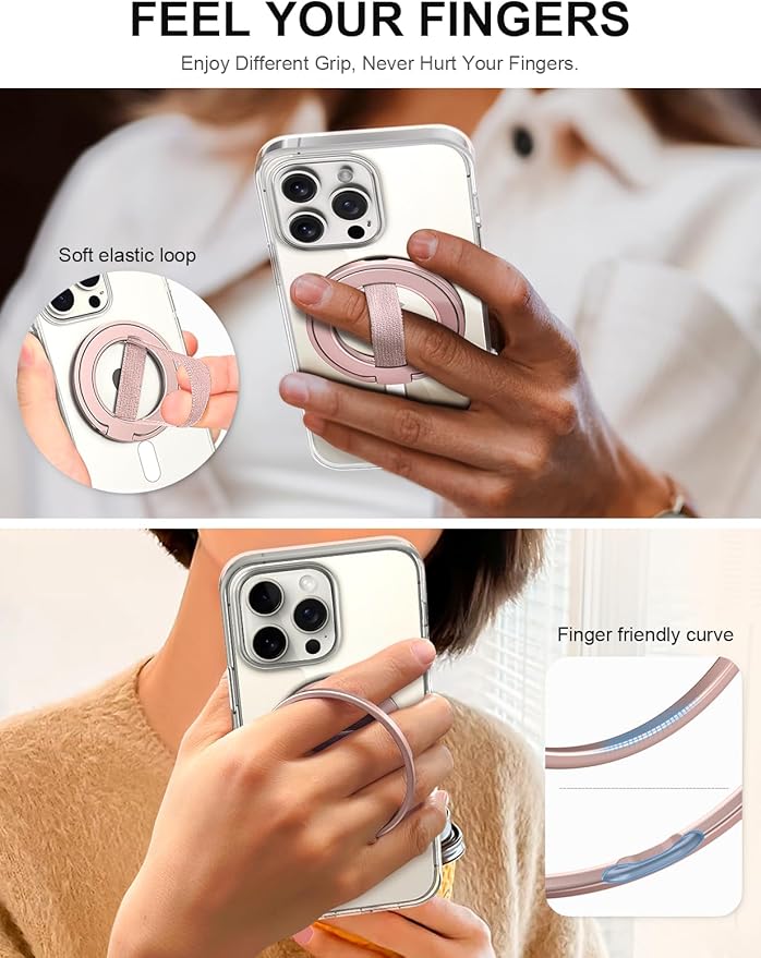 EWA MagOne Ultra for Magsafe Phone Grip Kickstand [Replaceable Elastic Finger Loop], Mag Safe Ring Holder Stand, Two-Sided Magnetic Phone Accessories for iPhone 17,16,15,14,13,12 Pro/Max/Plus-RoseGold