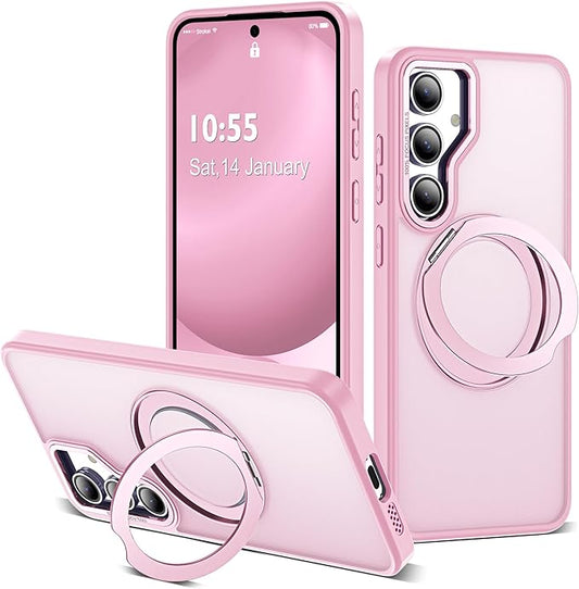 for Samsung Galaxy S24 FE Case with 360° Rotatable Magnetic Ring Stand Compatible with Mag-Safe Military Protection Shockproof Matte Translucent Phone Cases for S24 FE,Pink
