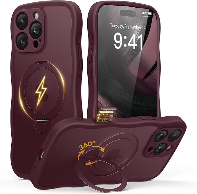 GolbinBox for iPhone 16 Pro Case for Women,[Compatible with Magsafe][360° Spin Magnetic Stand][Cute Wave Edge][Military-Grade Protection] Translucent Matte Phone Case for iPhone 16 Pro, Wine Red
