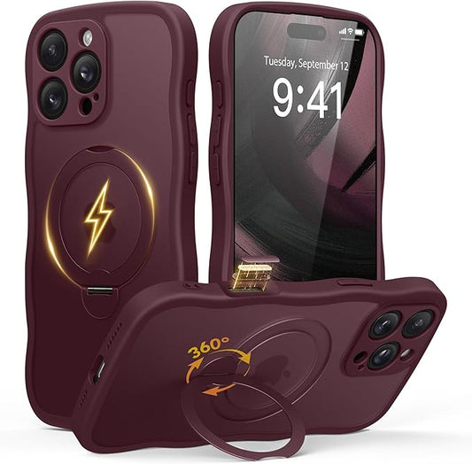 GolbinBox for iPhone 16 Pro Case for Women,[Compatible with Magsafe][360° Spin Magnetic Stand][Cute Wave Edge][Military-Grade Protection] Translucent Matte Phone Case for iPhone 16 Pro, Wine Red