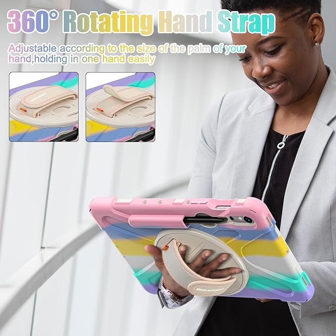 BRAECNstock Kids Case for Samsung Galaxy Tab S10 Lite/ S10 FE/ S9 FE/ S9/ S8/ S7 5G 10.9"/ 11", Shockproof Protective Case with Pen Holder, Rotating Hand Strap & Stand, Shoulder Strap, Colorful Pink