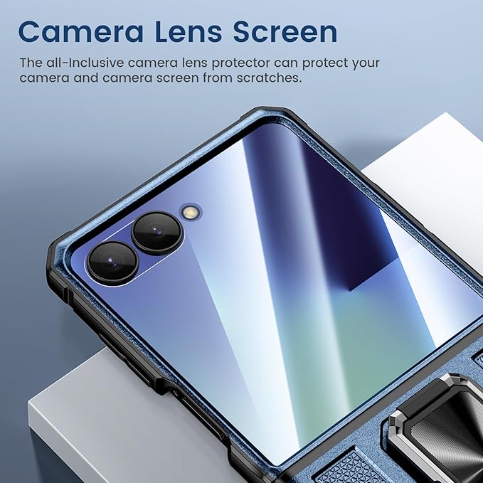 VEGO for Samsung Flip 7 Case with Belt Clip Holster, Hinge Protection Case with 360° Ring Kickstand & Camera Screen Protector Heavy Duty Protective Armor Cover for Galaxy Z Flip 7 - Blue