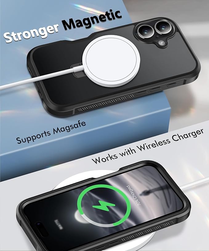 Compatible with iPhone 16 Case, Built-in Screen Protector & Seamless Stand, with Camera Lens Protector, Strong Magnetic Matte Phone Case, Full Body Protective Cover for 6.1 Inch (Black)