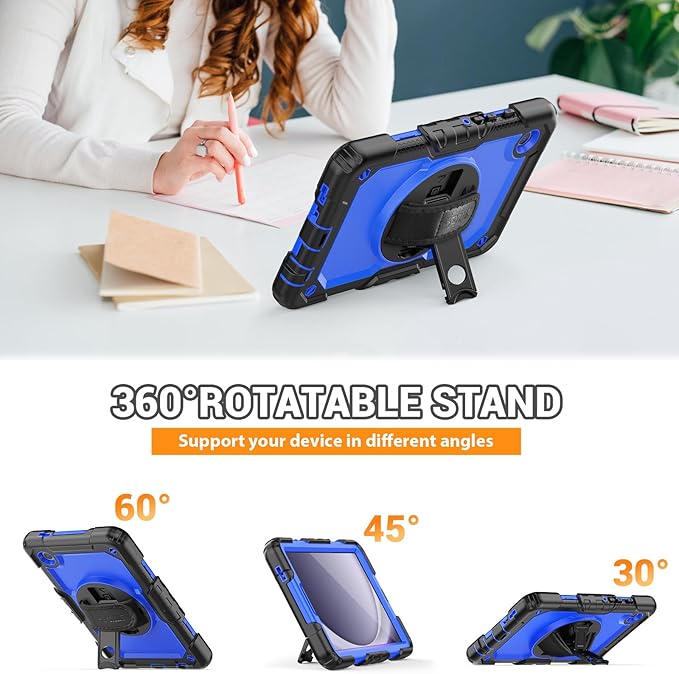 SEYMAC for Samsung Galaxy Tab A9 Case 8.7 Inch 2023 (SM-X110/X115/X117), Heavy Duty Shockproof Protective Case with Screen Protector, Rotating Stand, Hand/Shoulder Strap and Pen Holder, Blue