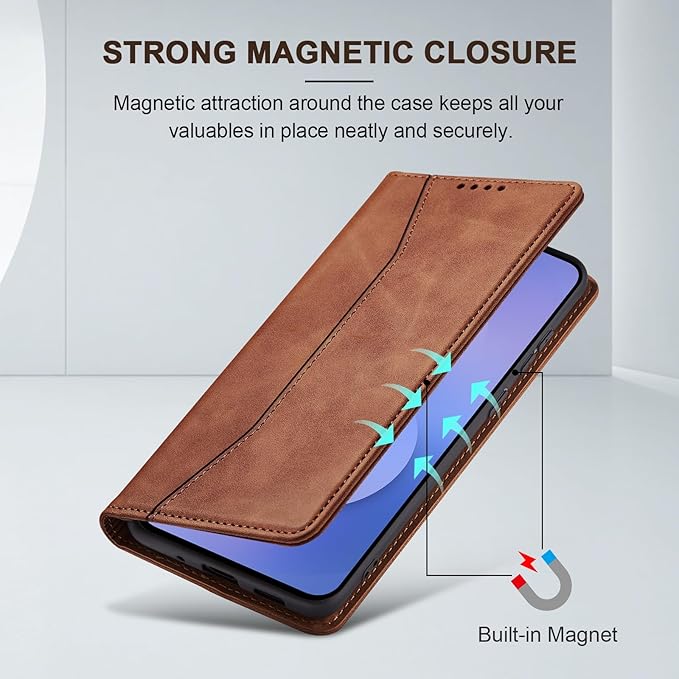 Jasonyu Flip Wallet Case for Samsung Galaxy S25 FE 5G,Leather Magnetic Folio Cover with Card Holder,Kickstand - TPU Shockproof Durable Protective Phone Case,Brown