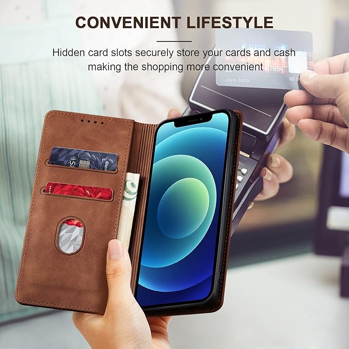 Jasonyu Flip Wallet Case for iPhone 12/12 Pro,Leather Magnetic Folio Cover with Card Holder,Kickstand - TPU Shockproof Durable Protective Phone Case,Brown