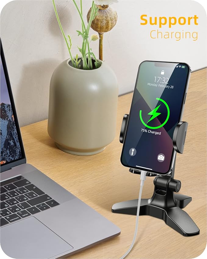 APPS2Car Cell Phone Stand for Desk Adjustable Desktop Phone Stand Thick Case Friendly Cellphone Holder Desk Heavy Duty Phone Cradle for Video Recording Office Home Compatible with 4.7-6.8” Smartphone