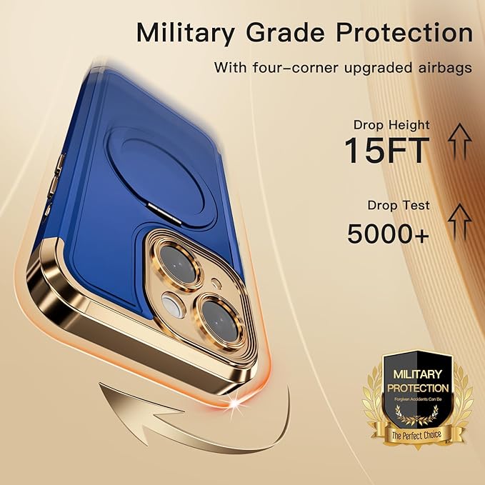 COOLQO for iPhone 15 Plus Case 6.7'' Upgraded 360° Spin Magnetic Stand [Compatible with Magsafe][Military Protection] Shockproof Protective Phone Holder Cover for iPhone 15 Plus, Blue Gold