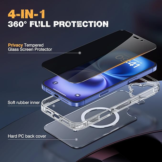 Diaclara Magnetic for iPhone 16 Plus Case, [with Privacy Screen Protector] [Anti Spy] [Military Grade Drop Protection] Heavy Duty Full-Body Shockproof Phone Case, Magnetic Clear